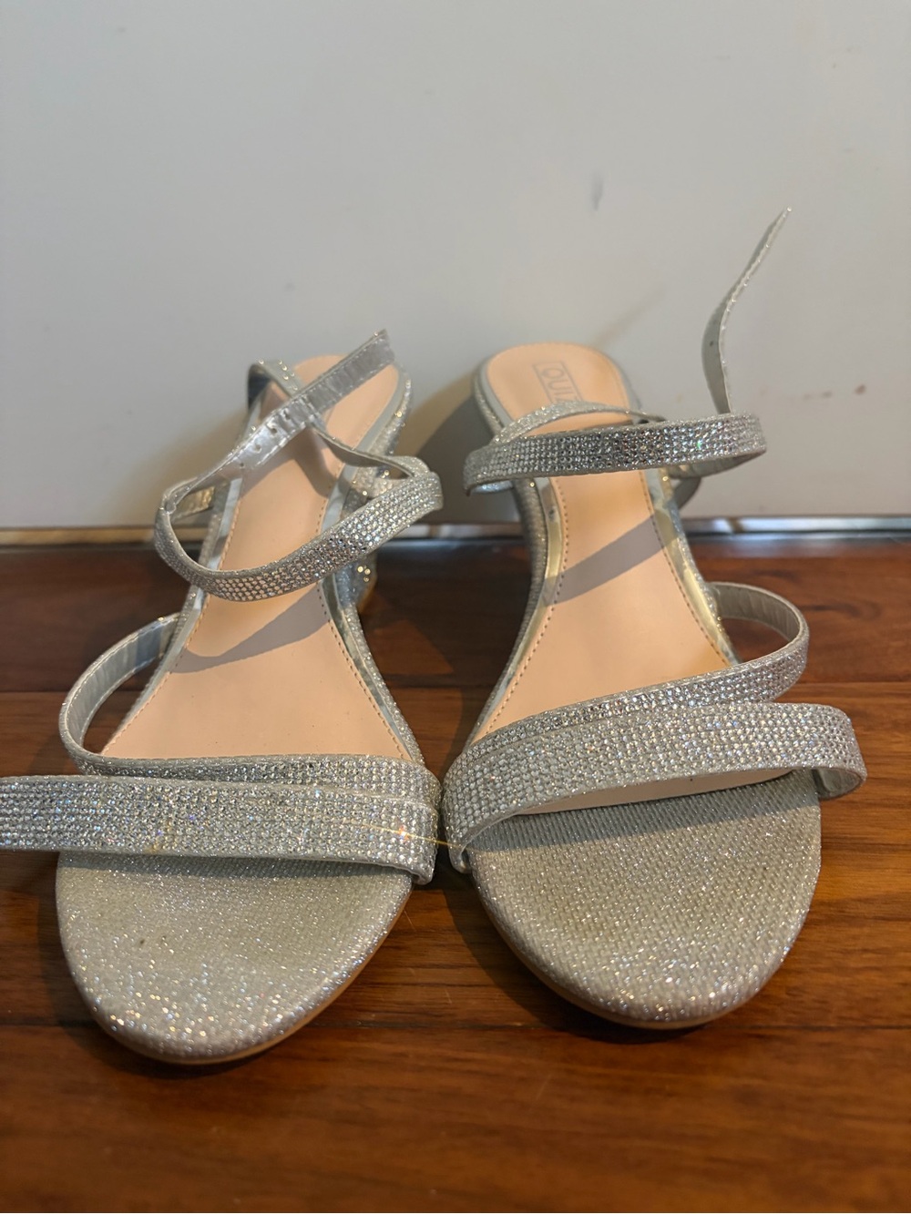Ouiz silver strappy sandals featuring micro-rhinestone (diamanté) detailing and
